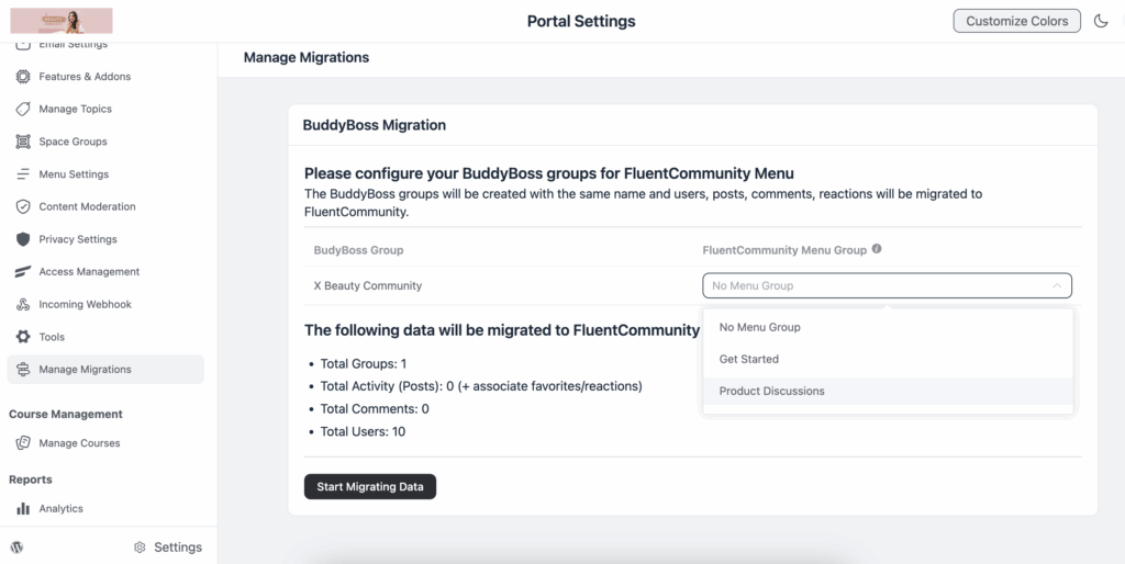 Portal Settings, FluentCommunity, BuddyBoss migration